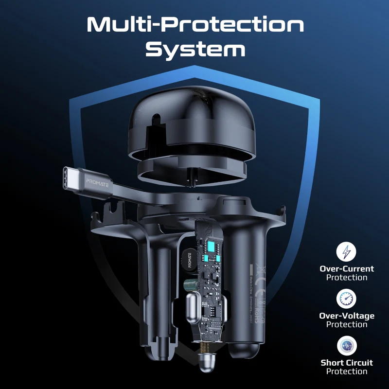 بروميت شاحن سيارة متعدد المنافذ بقوة 62 وات مع كابل USB-C قابل للسحب 