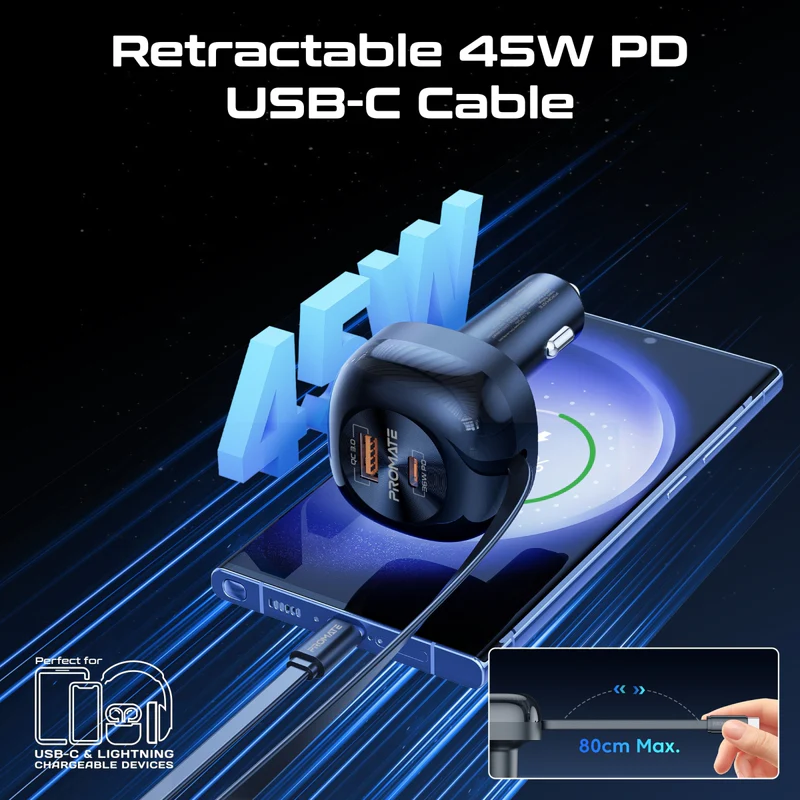 بروميت شاحن سيارة متعدد المنافذ بقوة 62 وات مع كابل USB-C قابل للسحب 