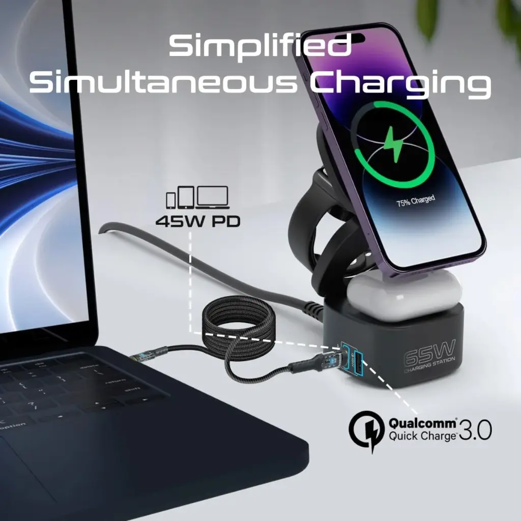  بروميت محطة شحن لاسلكية قابلة للطي بقوة 65 واط GaNFast متوافقة مع ماجسيف