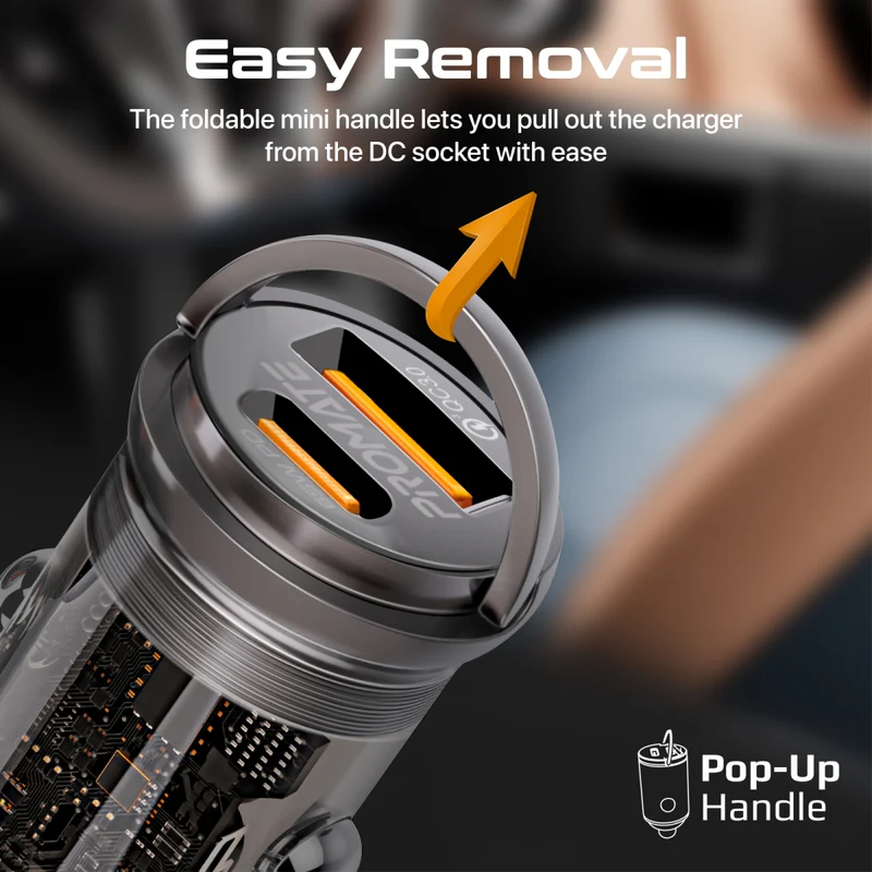 شاحن سيارة صغير شفاف من بروميت 65 وات سريع الشحن مع تقنية توصيل الطاقة QC 3.0 