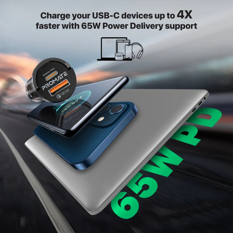 شاحن سيارة صغير شفاف من بروميت 65 وات سريع الشحن مع تقنية توصيل الطاقة QC 3.0 