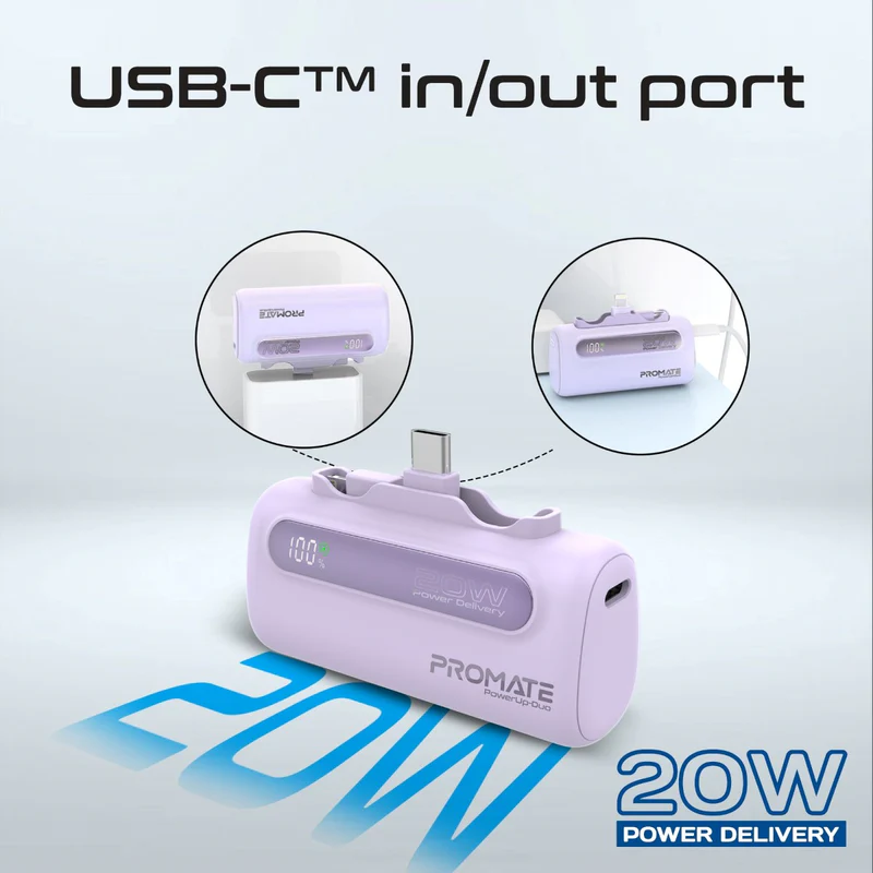 Promate Ultra-Compact Fast Charging Power Bank with Dual foldable USB-C™ & Lightning Connectors r 