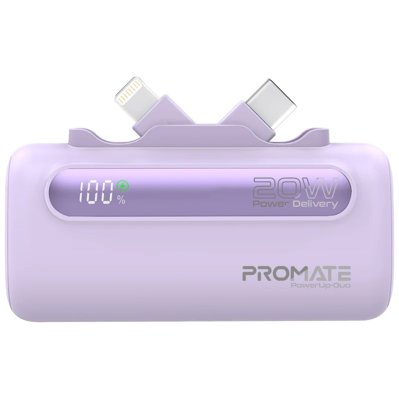 Promate Ultra-Compact Fast Charging Power Bank with Dual foldable USB-C™ & Lightning Connectors r 
