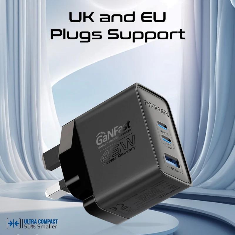 Promate 45W Power Delivery GaNFast™ Charger with Quick Charge 3.0