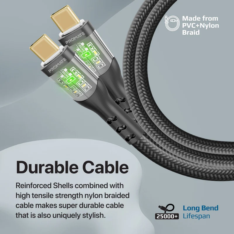 Promate 60W Power Delivery Ultra-Fast USB-C Cable with Transparent Shells black