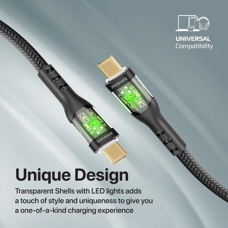 Promate 60W Power Delivery Ultra-Fast USB-C Cable with Transparent Shells black