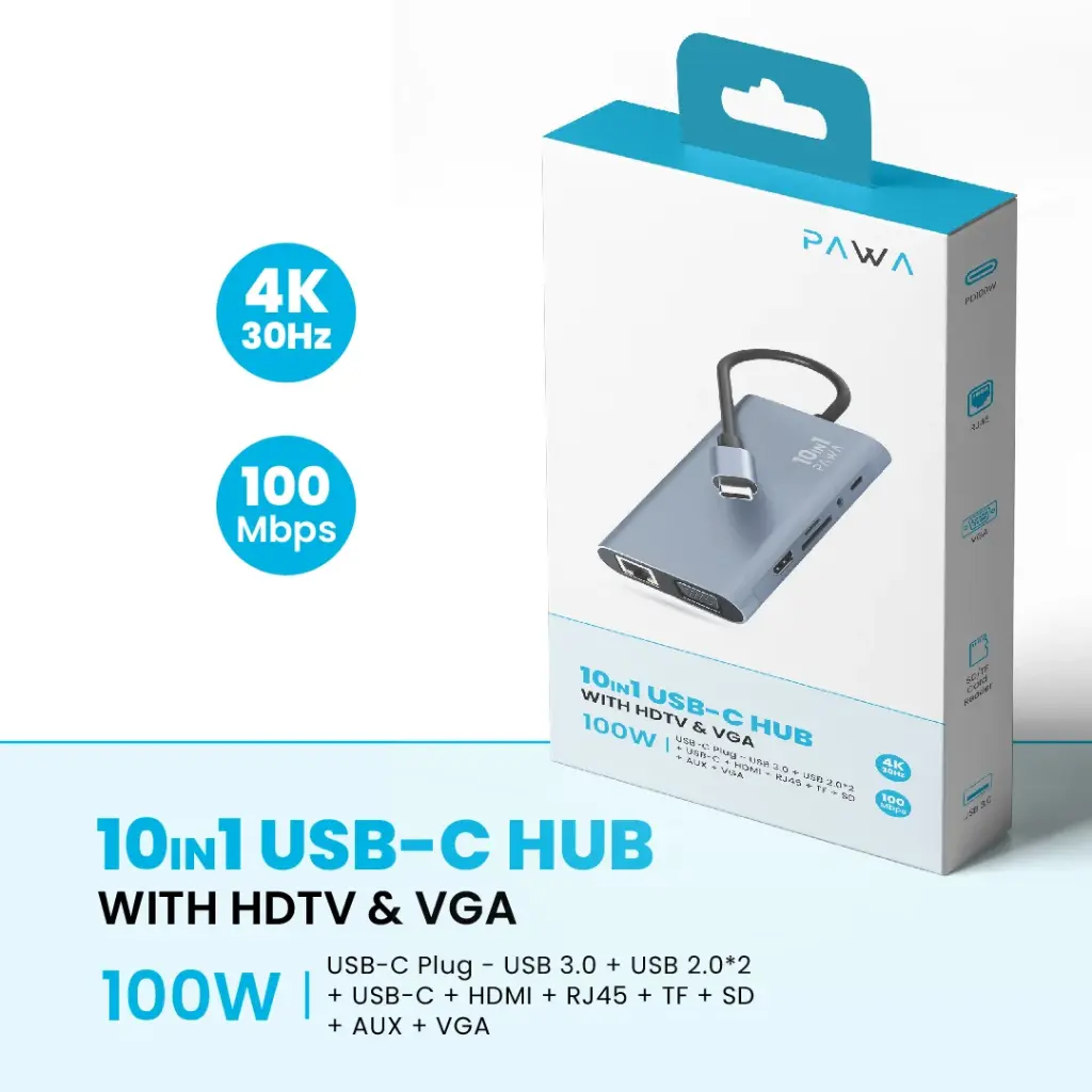 PAWA 10 in1 USB-C HUB With HDTV + VGA 