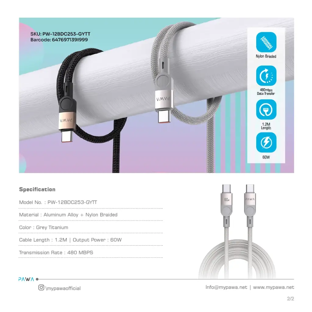 PAWA Levin Braided Cable USB-C to USB-C 60W -1.2M GREY TITANIUM