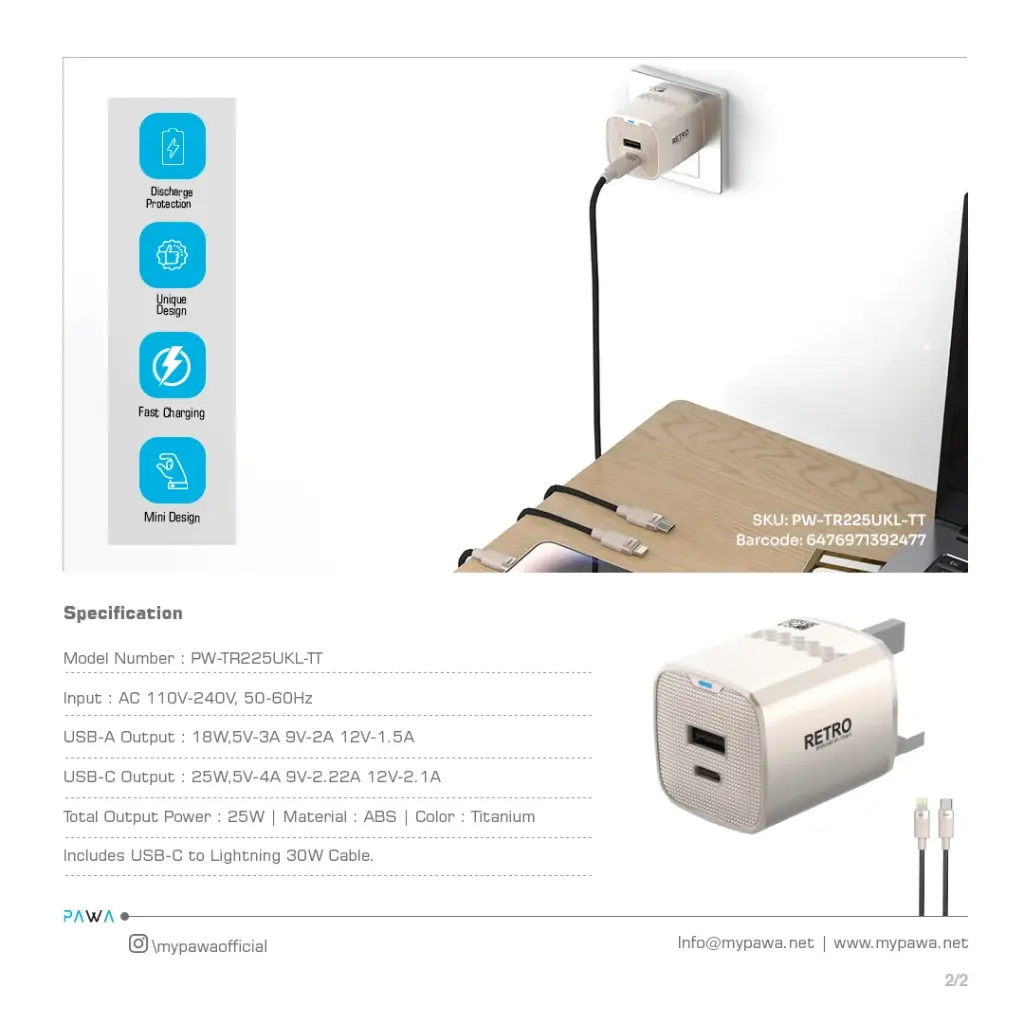 PAWA Retro 25W PD+QC UK Charger With USB-C to Lightning Cable Titanium
