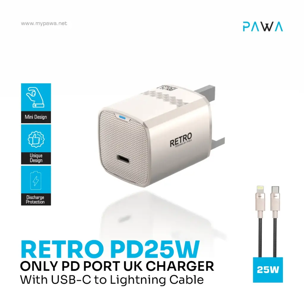 PAWA Retro PD25W Only PD Port UK Charger With USB-C to Lightning Cable TITANIUM