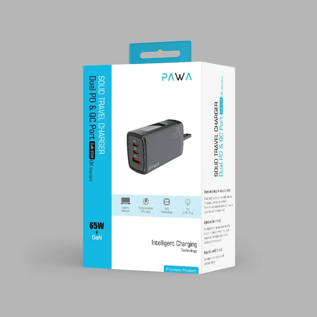 PAWA Solid Travel Charger Dual PD & QC Port GaN 65W UK Standard -BLACK