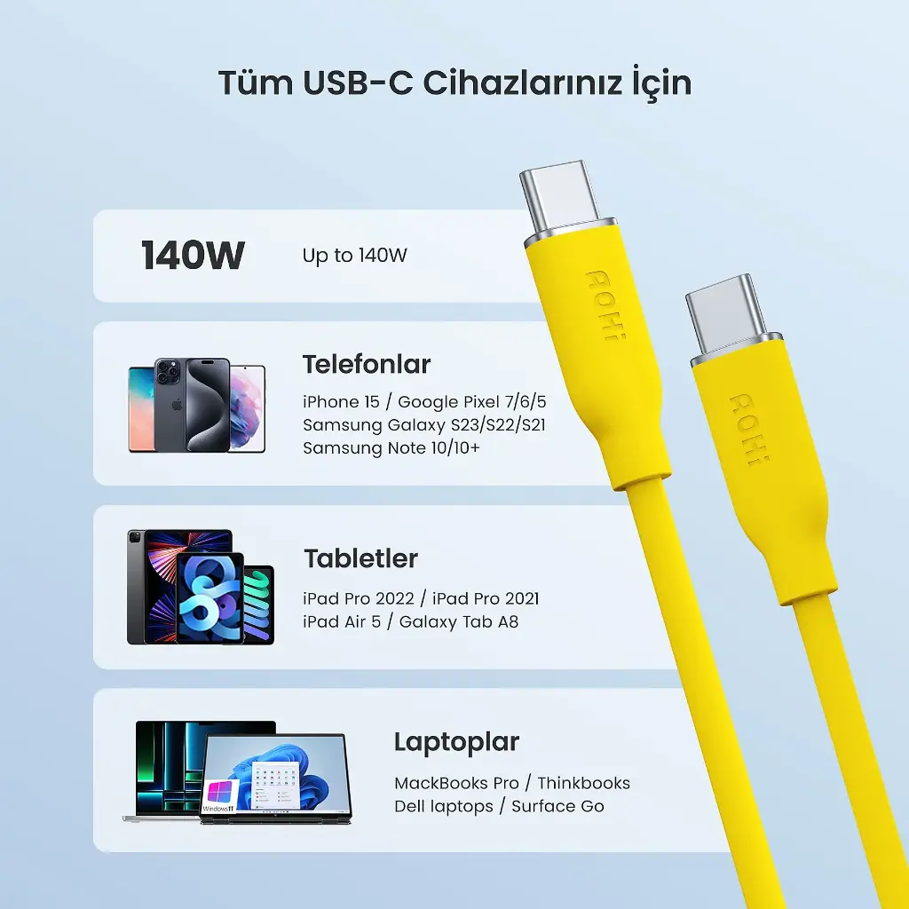 AOHI 140W PD 3.1 USB C to USB C Fast-Charging Silky Cable 1m/3.3ft 