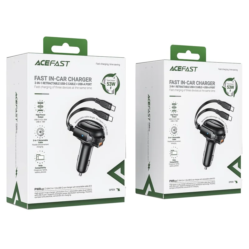  Acefast Car charger 53W, 2xUSB-C, with retractable cable B13 -(black) 