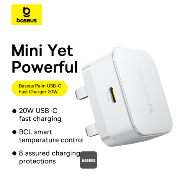 شاحن حائط Baseus Palm 20W PD Type-C للشحن السريع - شاحن USB-C فائق السرعة مع قابس المملكة المتحدة - أبيض