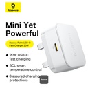 شاحن حائط Baseus Palm 20W PD Type-C للشحن السريع - شاحن USB-C فائق السرعة مع قابس المملكة المتحدة - أبيض