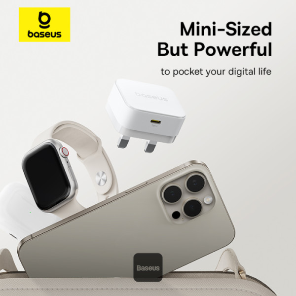 شاحن حائط Baseus Palm 20W PD Type-C للشحن السريع - شاحن USB-C فائق السرعة مع قابس المملكة المتحدة - أبيض