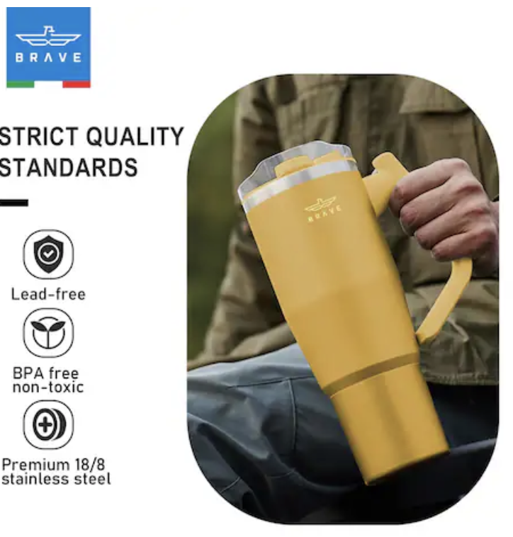 Brave Temp Guard Vacuum Insulated Travel Mug – 180° Rotating Handle, 24H Cold & 12H Hot Retention, Leak-Proof Lids, 1200ml - Yellow 