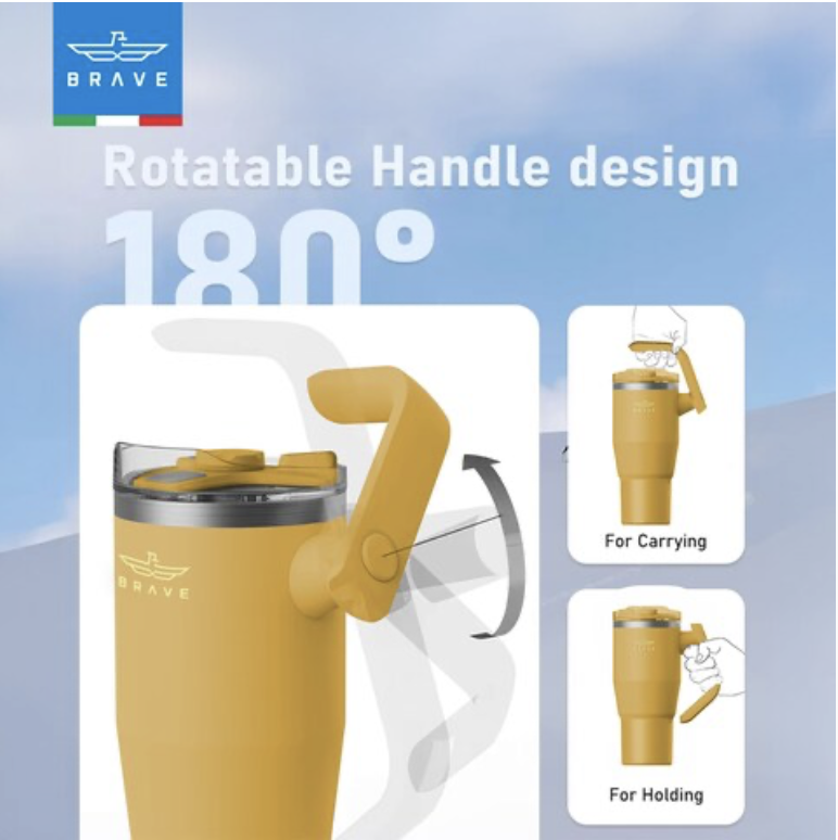 Brave Temp Guard Vacuum Insulated Travel Mug – 180° Rotating Handle, 24H Cold & 12H Hot Retention, Leak-Proof Lids, 1200ml - Yellow 