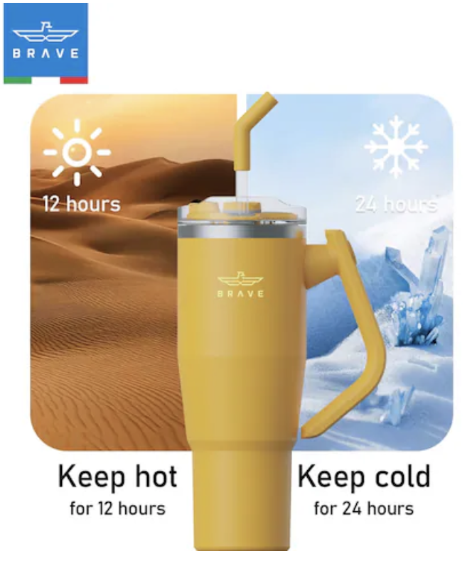 Brave Temp Guard Vacuum Insulated Travel Mug – 180° Rotating Handle, 24H Cold & 12H Hot Retention, Leak-Proof Lids, 1200ml - Yellow 