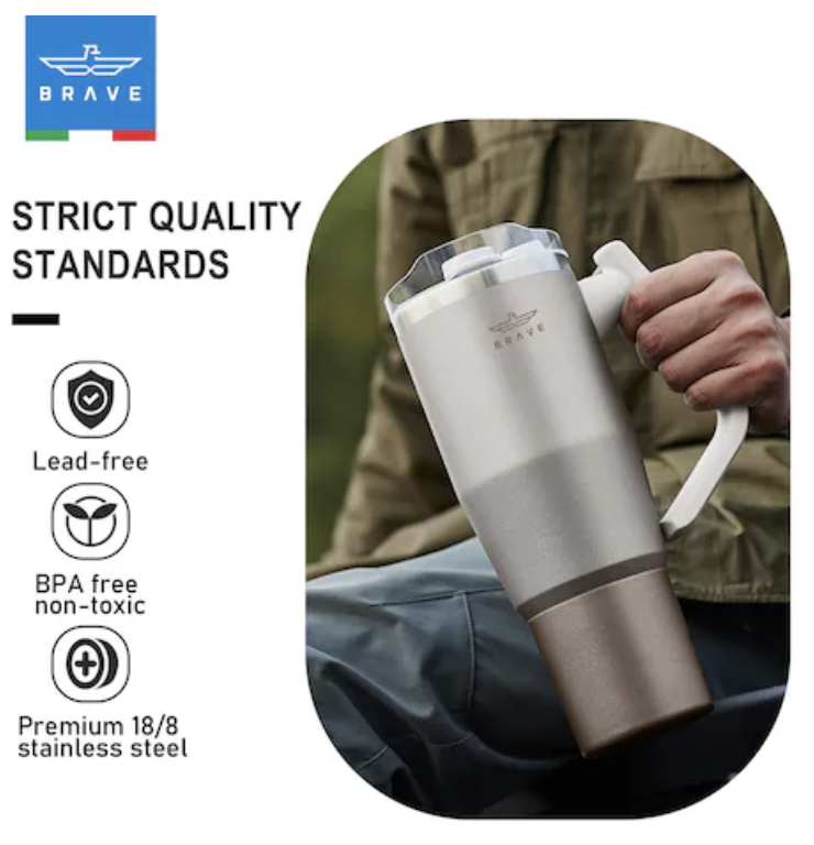 Brave Temp Guard Vacuum Insulated Travel Mug – 180° Rotating Handle, 24H Cold & 12H Hot Retention, Leak-Proof Lids, 950ml - Beige 