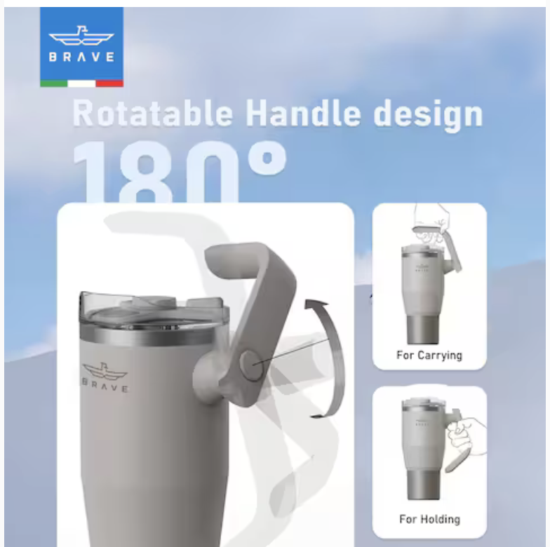 Brave Temp Guard Vacuum Insulated Travel Mug – 180° Rotating Handle, 24H Cold & 12H Hot Retention, Leak-Proof Lids, 950ml - Beige 