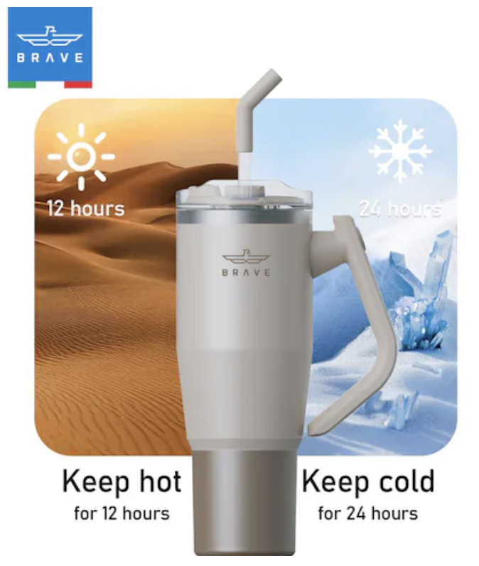 Brave Temp Guard Vacuum Insulated Travel Mug – 180° Rotating Handle, 24H Cold & 12H Hot Retention, Leak-Proof Lids, 950ml - Beige 