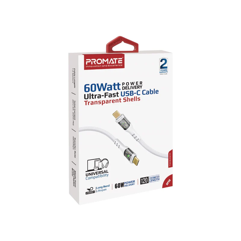 Promate 60W Power Delivery Ultra-Fast USB-C Cable with Transparent Shells white