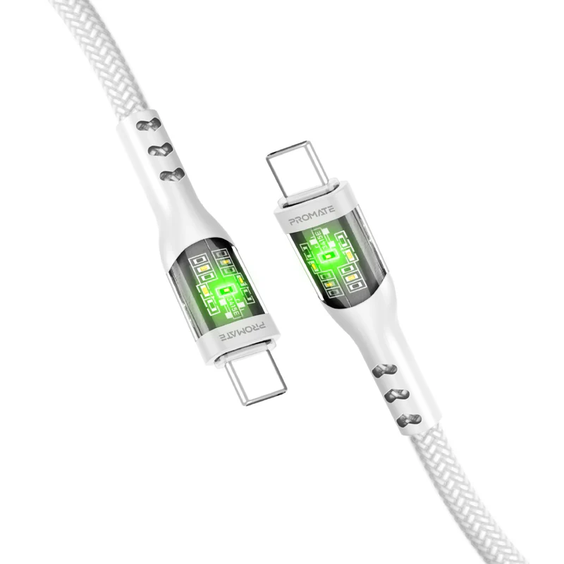 Promate 60W Power Delivery Ultra-Fast USB-C Cable with Transparent Shells white