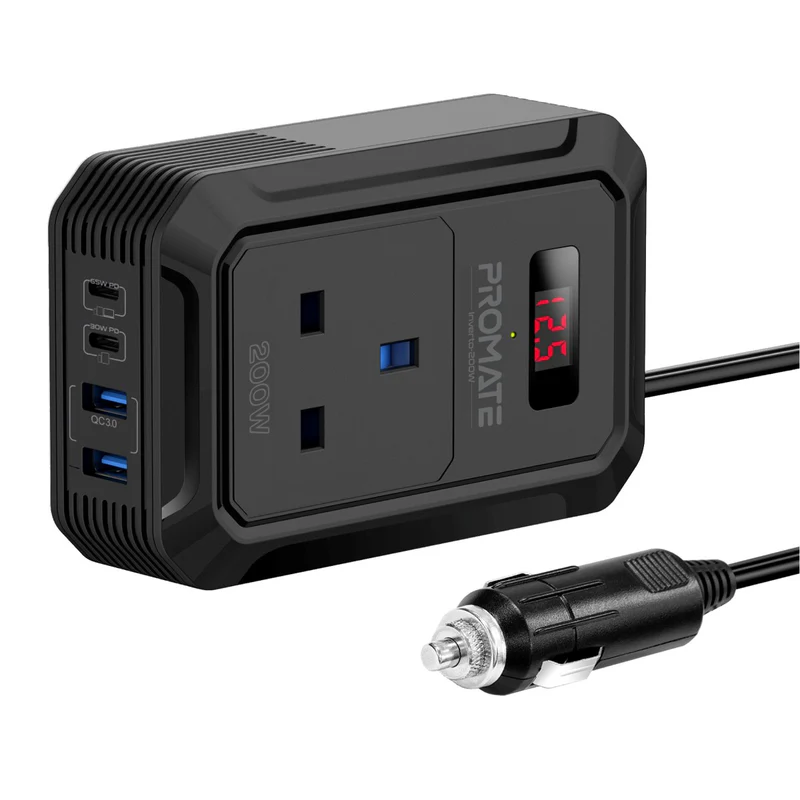 promate Multi-Port DC to AC Power Inverter with 200W AC Socket 