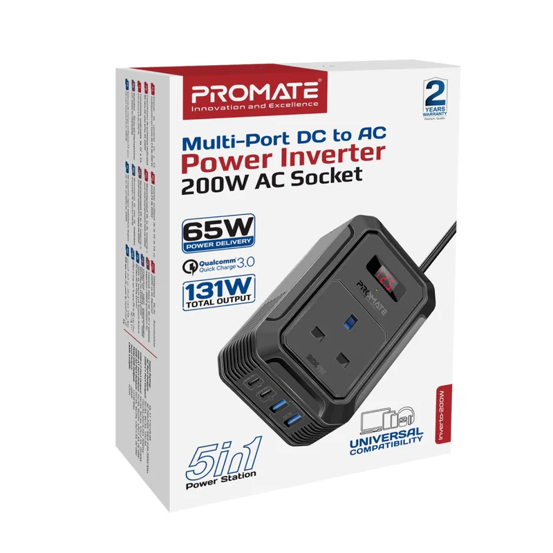 promate Multi-Port DC to AC Power Inverter with 200W AC Socket 
