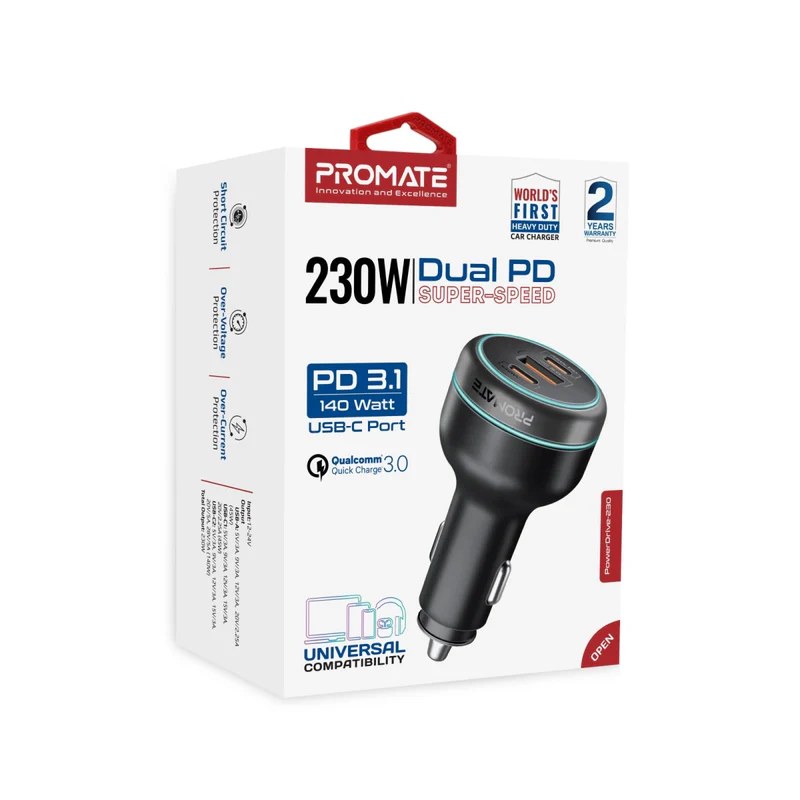promate 230W RapidCharge™ Car Charger with Dual Power Delivery and Quick Charge Ports