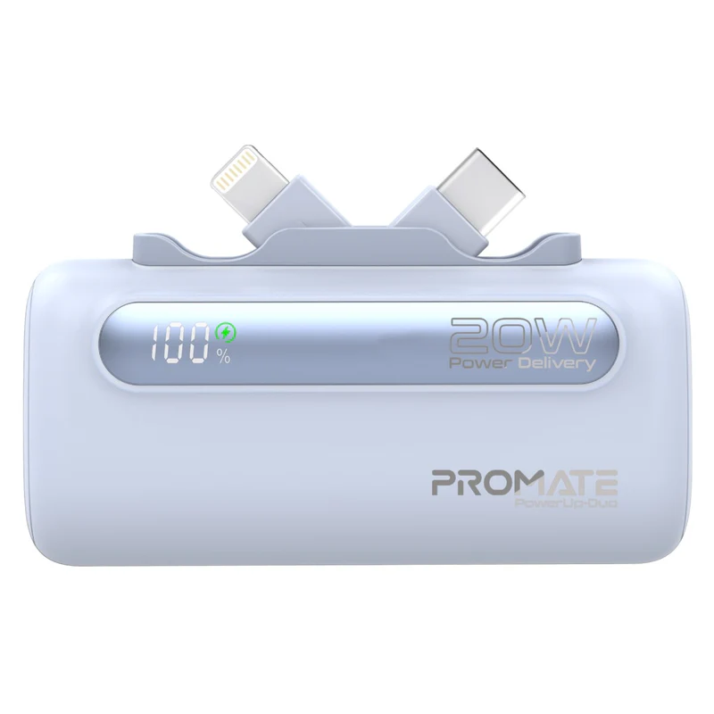 Promate5000mAh Ultra-Compact fast charging Power Bank with Dual Folding USB-C & Lightning Connector