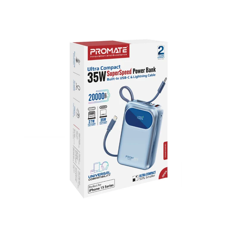 Promate-20000mAh Ultra Compact 35W SuperSpeed™ Power Bank with Built-In USB-C & Lightning Cable-BLUE