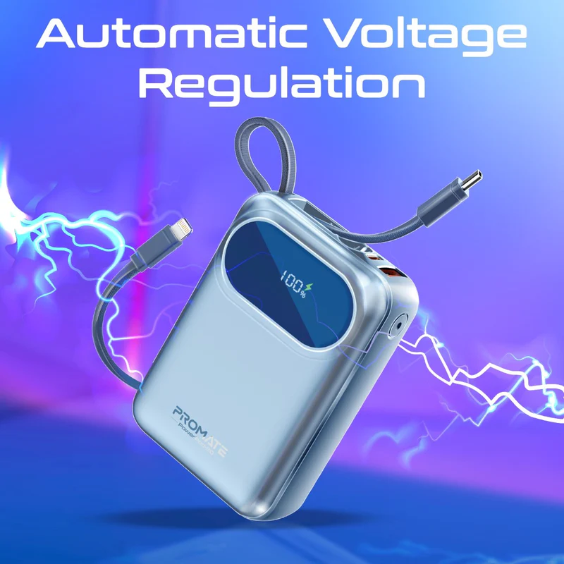 Promate-20000mAh Ultra Compact 35W SuperSpeed™ Power Bank with Built-In USB-C & Lightning Cable-BLUE