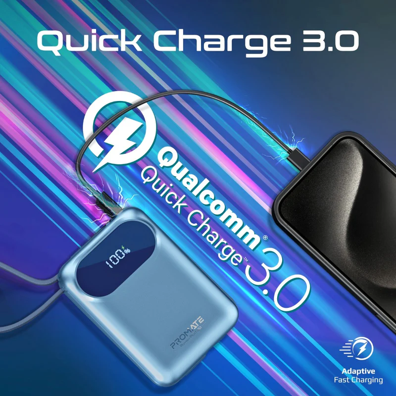 Promate-20000mAh Ultra Compact 35W SuperSpeed™ Power Bank with Built-In USB-C & Lightning Cable-BLUE