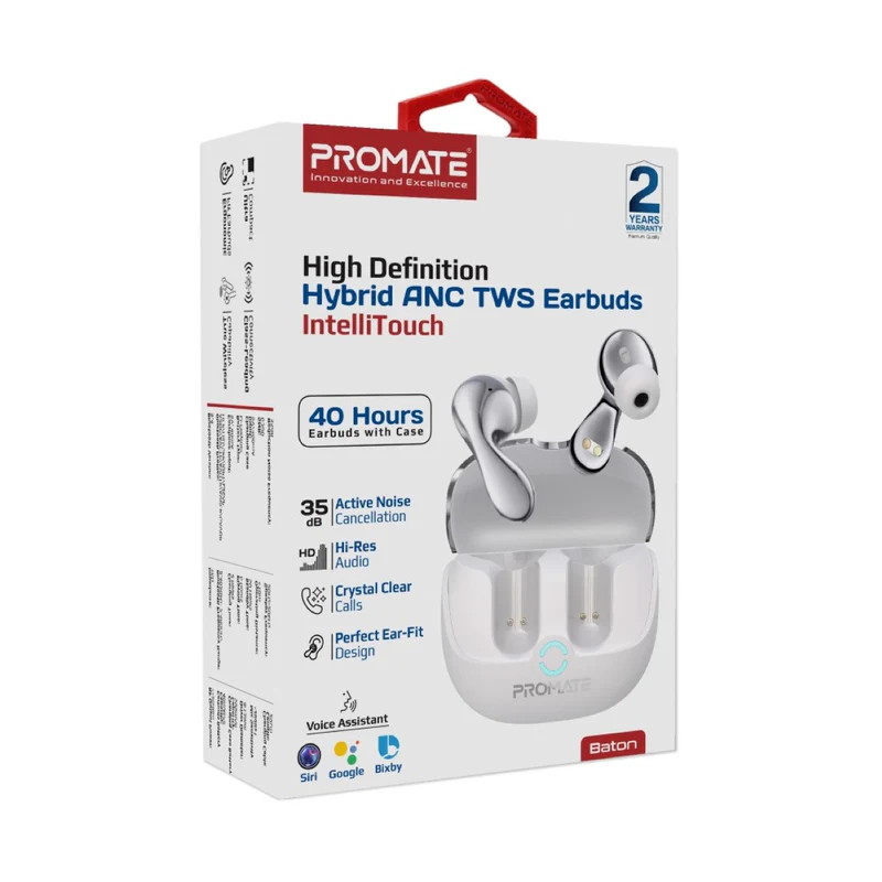 Promate High-Definition Hybrid ANC TWS Earbuds with IntelliTouch white