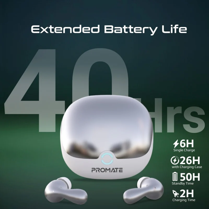 Promate High-Definition Hybrid ANC TWS Earbuds with IntelliTouch white