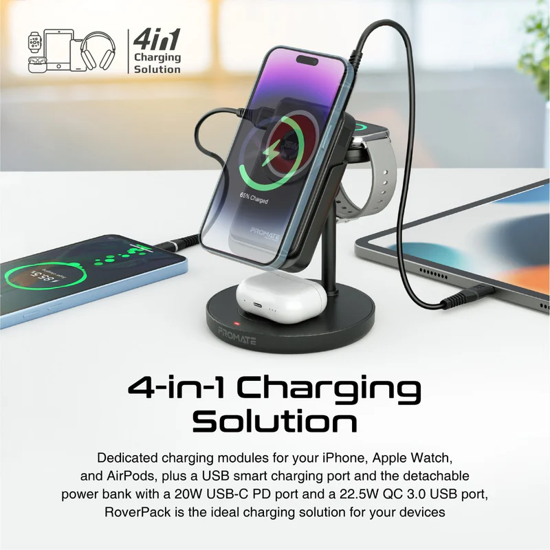 Promate-4-in-1 Charging Station with 15W MagSafe Compatible Wireless Charging 10000mAh Power Bank 
