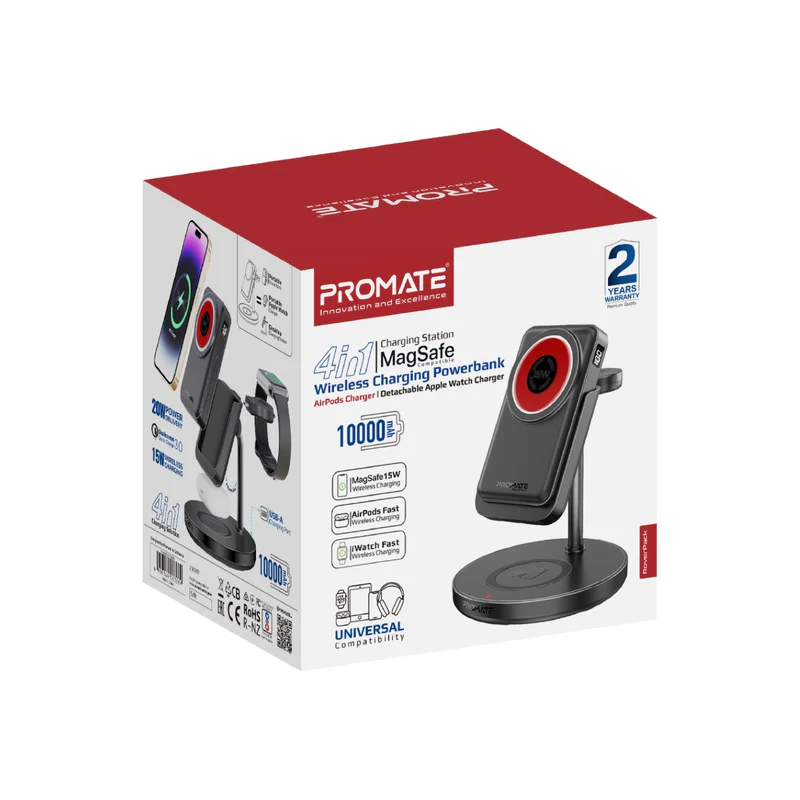 Promate-4-in-1 Charging Station with 15W MagSafe Compatible Wireless Charging 10000mAh Power Bank 