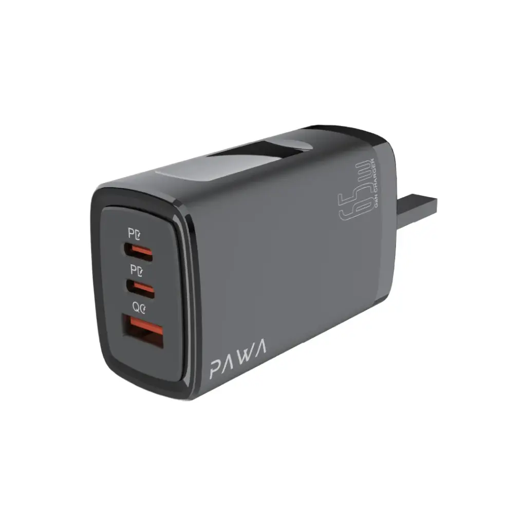 PAWA Solid Travel Charger Dual PD & QC Port GaN 65W UK Standard -BLACK