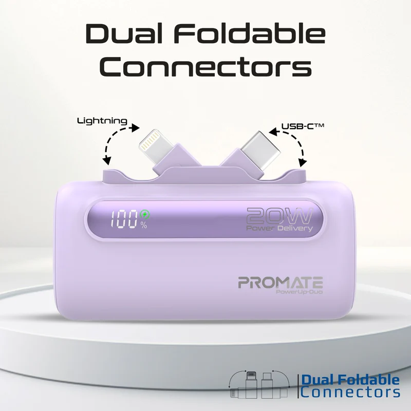 Promate Ultra-Compact Fast Charging Power Bank with Dual foldable USB-C™ & Lightning Connectors r 