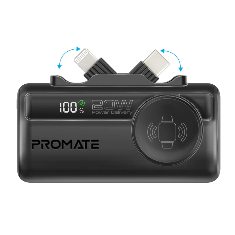 Promate Ultra-Compact Fast Charging Power Bank with In-built USB-C, Lightning Connectors & Apple Watch Charger r