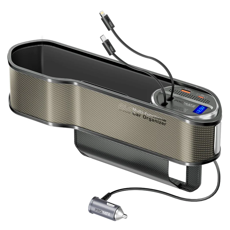  promate 65W Multi-Functional Car Organizer and Charging Station DARK GREY