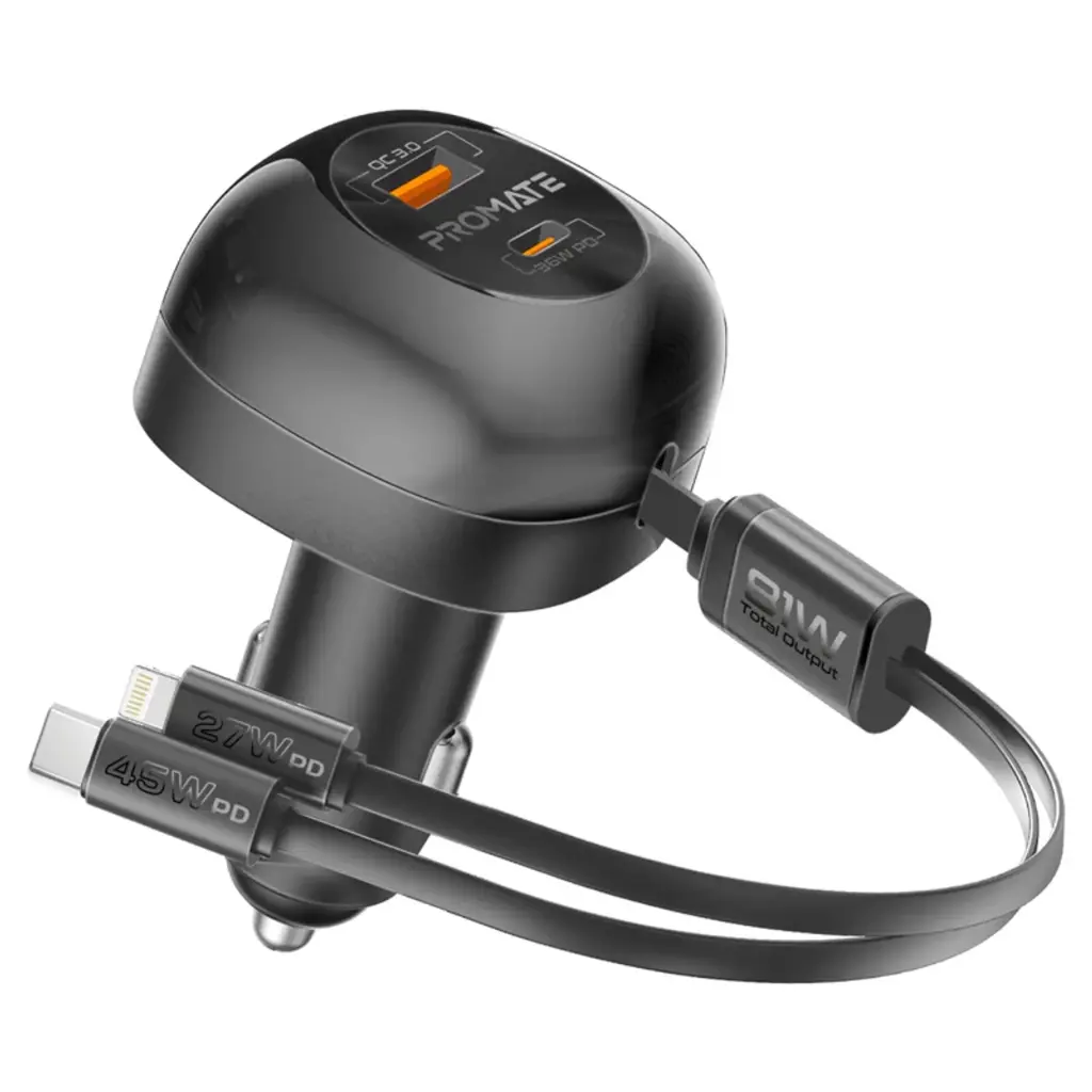 Promate 81W Multi-Port Car Charger with Retractable USB-C & Lightning Cables - POWERDRIVE-RCI81 