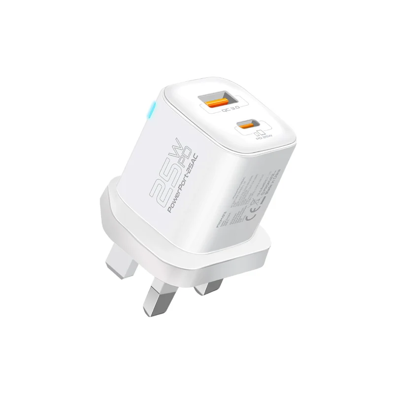 Promate Ultra-Fast Dual Port AC Charger with 25W Power Delivery and QC 3.0  white