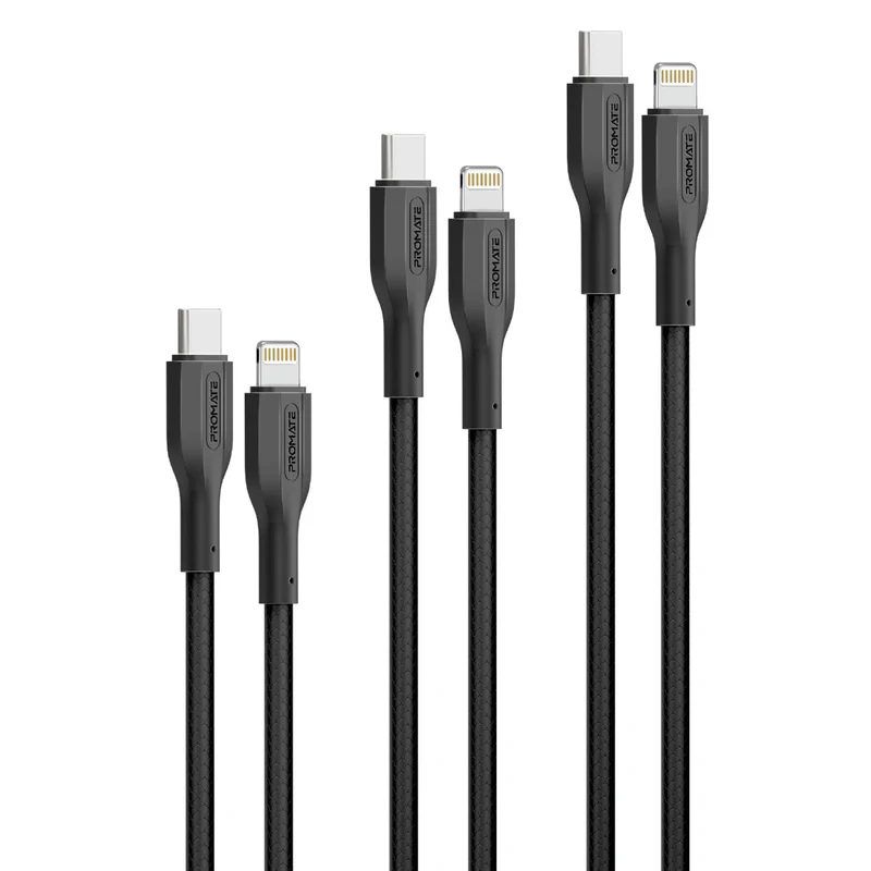 بروميت مجموعة كابلات  USB-C إلى Lightning عالية القوة 27 واط، 3 قطع 
