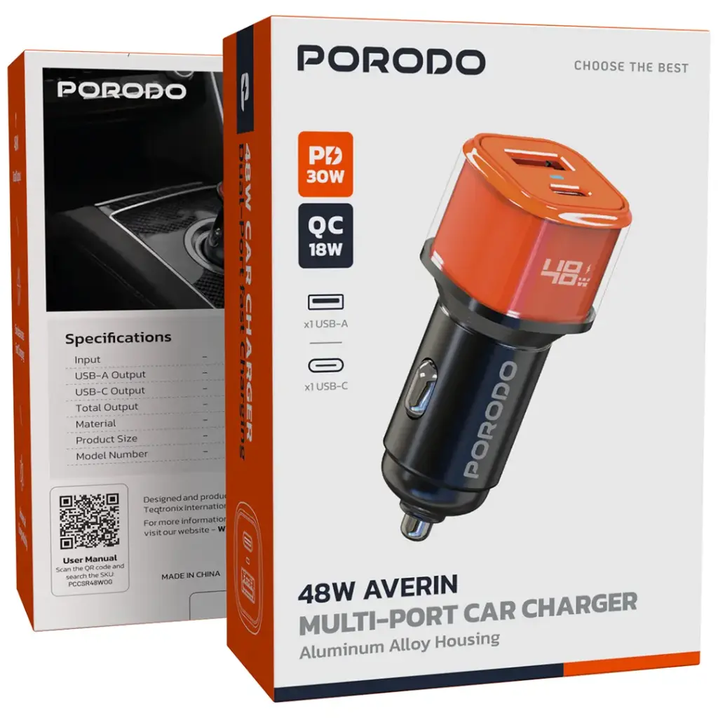 Porodo 48W Averin Multi-Port Car Charger with Aluminum Alloy Housing - Orange