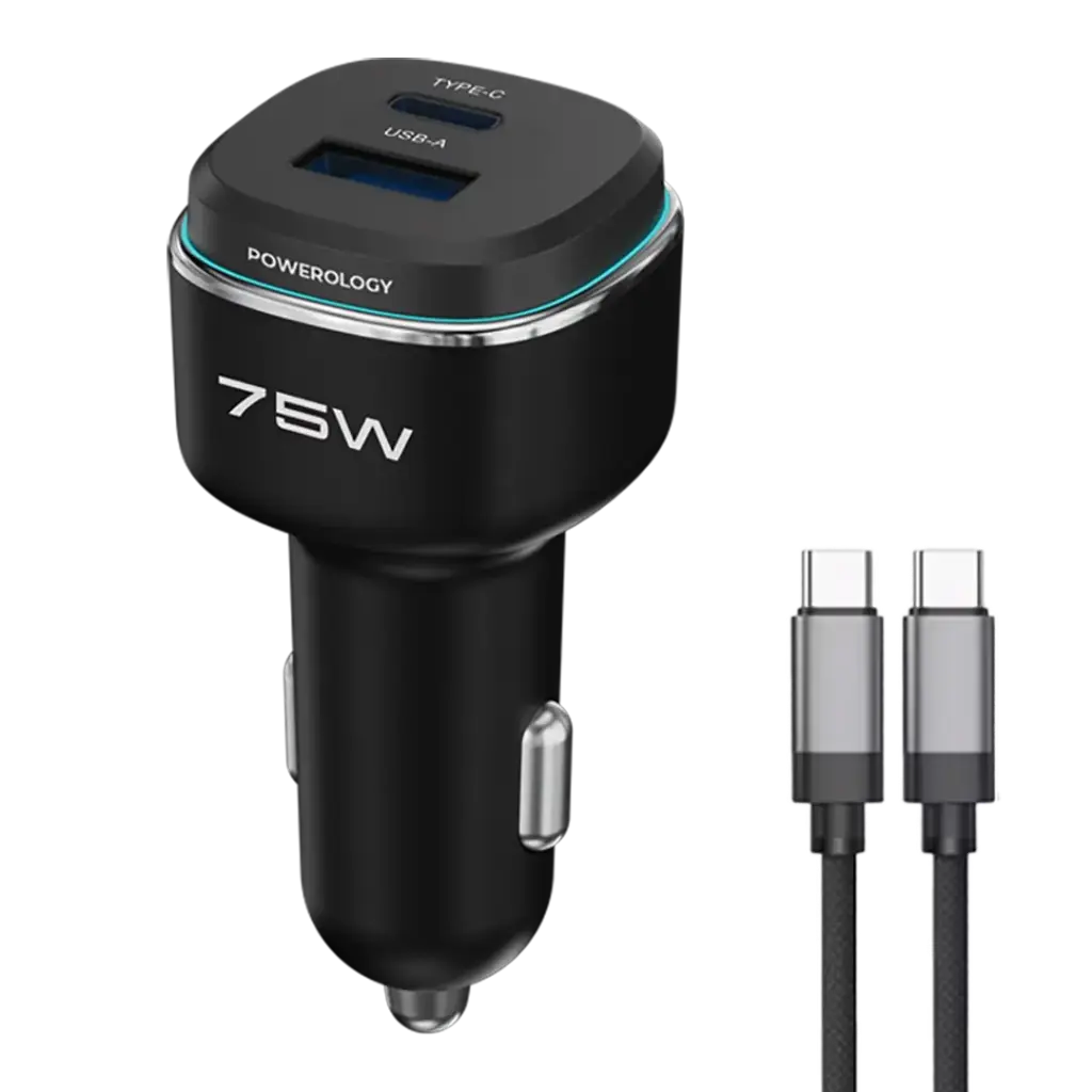 Powerology 75W Dual-Port High-Power Car Charger With Type-C to Type-C cable