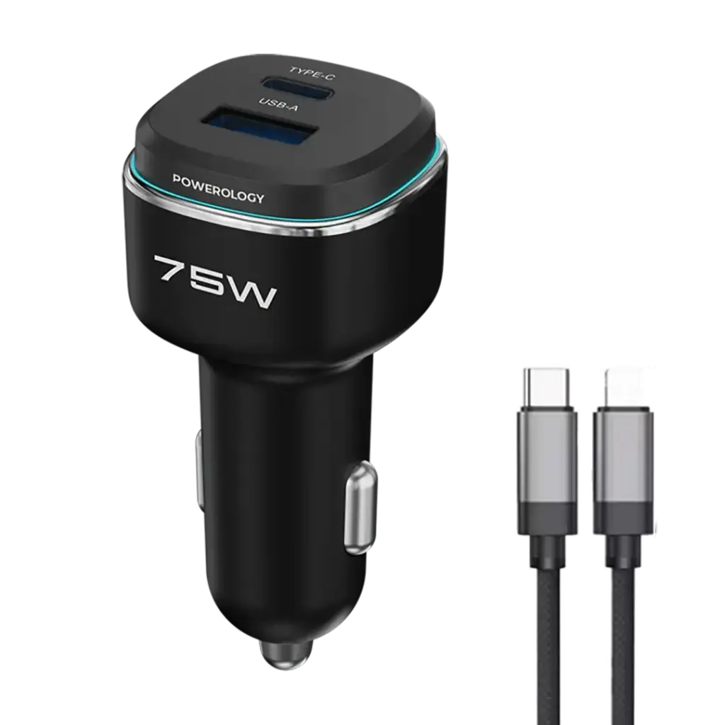 باورولوجي شاحن سيارة عالي الطاقة بمنفذين بقوة 75 وات  مع كيبل تايب سي الى ايفون