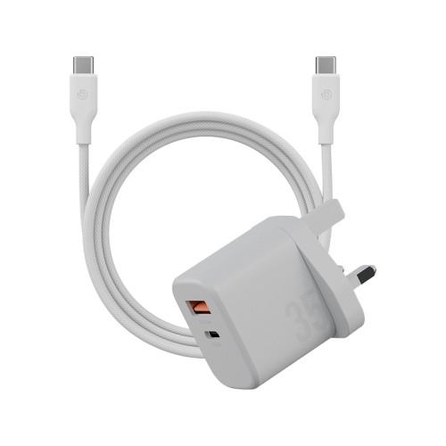 Bazic Go Port Velox Kit Bundle 1-Port USB-C & 1-Port USB-A PD 35W Wall Charger with Weave USB-C to USB-C 60W Cable - Vanilla White 